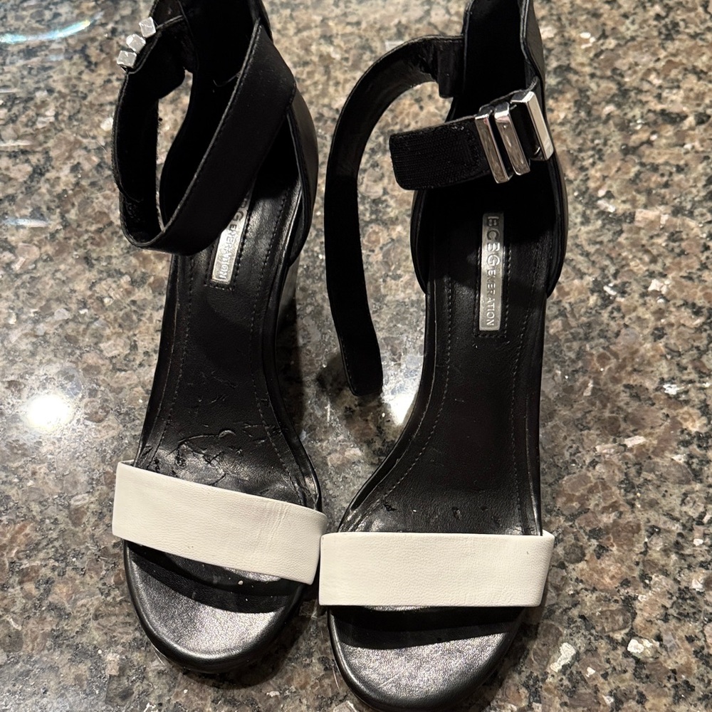 BCBGMaxAzria Black and White Ankle Strap Heels